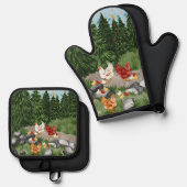 Kippen, kuikens en sneeuwvlokken lichtblauw ovenwant & pannenlap set (Voorkant / Achterkant)