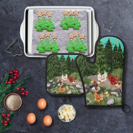 Kippen, kuikens en sneeuwvlokken turquoise blauw ovenwant & pannenlap set