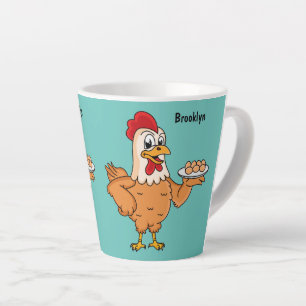 Kippen met eieren op de cartoon van borden latte mok