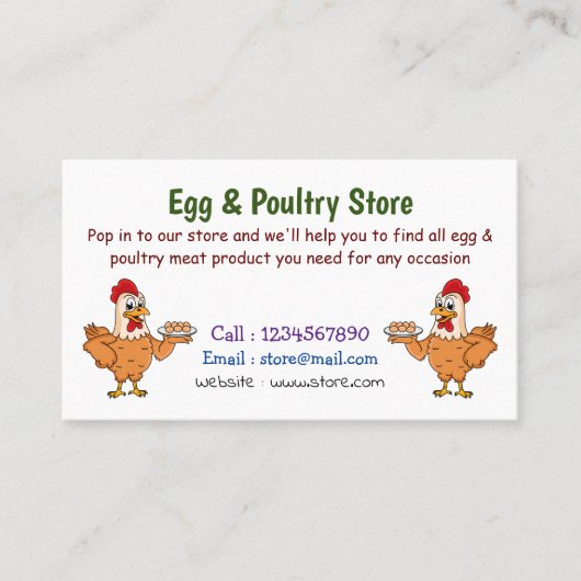 Kippen met eieren op de cartoon van borden visitekaartje (Voorkant)
