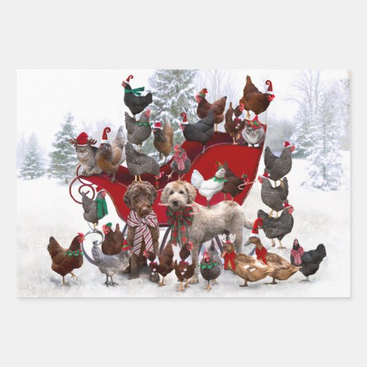 KIPPEN MET SANTA HATS EN DOGS WRAPPPAPIER INPAKPAPIER VEL (Voorkant)