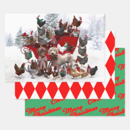 KIPPEN MET SANTA HATS EN DOGS WRAPPPAPIER INPAKPAPIER VEL