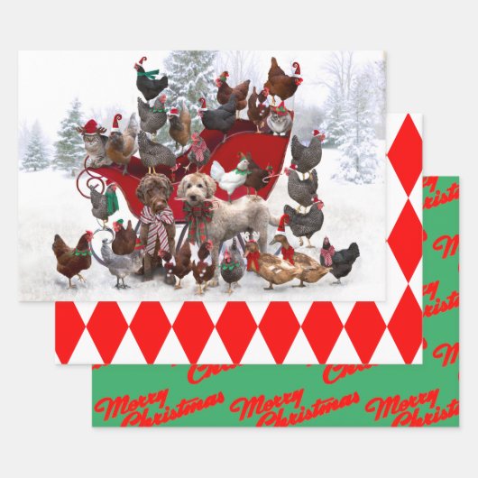 KIPPEN MET SANTA HATS EN DOGS WRAPPPAPIER INPAKPAPIER VEL (Set)