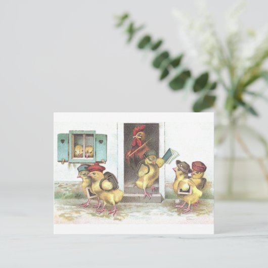 Kippen op school en docent briefkaart (Staand voorkant)