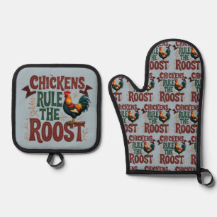 Kippen regeren de Roost Rustic Boerderij Illustrat Ovenwant & Pannenlap Set