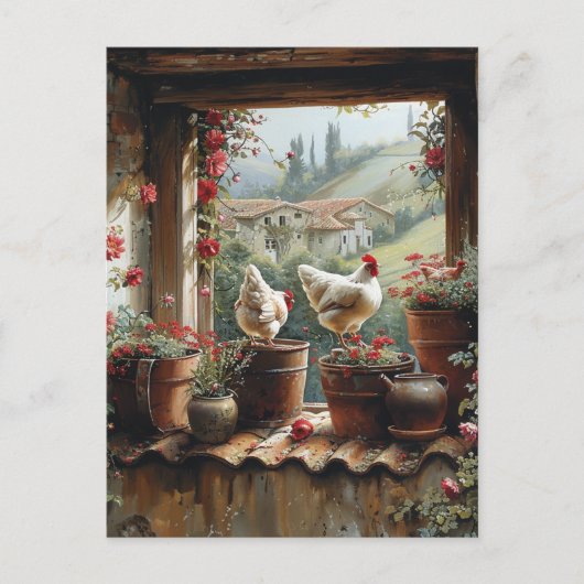 Kippen Roestige Emmer Kleipotten Tegels Landelijk Briefkaart (Voorkant)