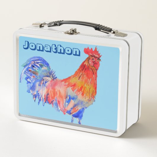 Kippen Rooster Waterverf Chids Name Lunch Box (Voorkant)