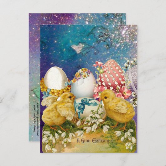 KIPPEN, SNEEUWKLOKJES EN PAASEIEREN MET BLAUWE BOO FEESTDAGENKAART (Voorkant / Achterkant)