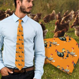 Kippen Vogels Boerderij Patroon Oranje Stropdas