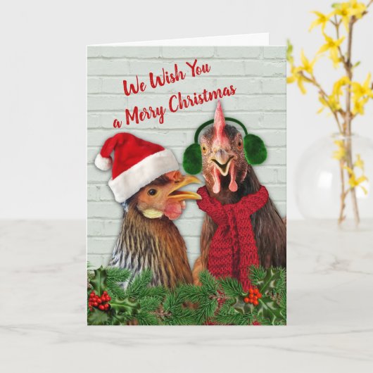 Kippen willen je een prettige kerst kaart (Gele Bloem)