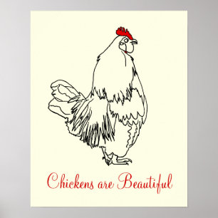 Kippen zijn Mooie Grappige Haan Kunst Tekening Poster