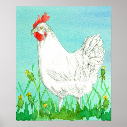 Kippenboer White Leghorn Blue Waterverf Poster (Voorkant)