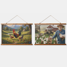 Kippenboerderij houten wandtapijt hangend wandkleed