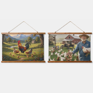 Kippenboerderij houten wandtapijt hangend wandkleed