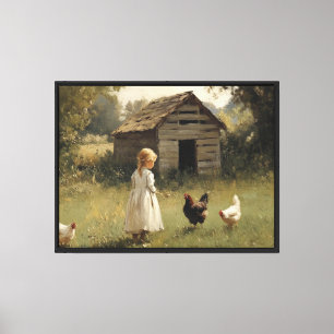 Kippenboerderijmeisje en Vogel Eenvoudige Boerderi Canvas Afdruk