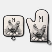 Kippeneieren Land Boerderij Monogram Ovenwant & Pannenlap Set (Voorkant)