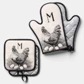 Kippeneieren Land Boerderij Monogram Ovenwant & Pannenlap Set (Voorkant / Achterkant)