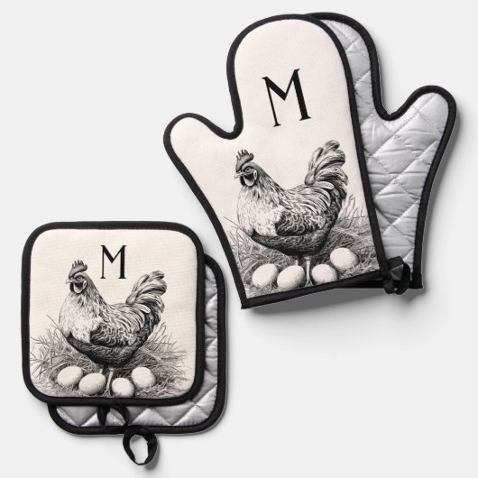 Kippeneieren Land Boerderij Monogram Ovenwant & Pannenlap Set (Voorkant / Achterkant)