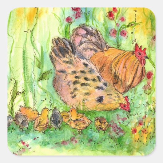 Kippenfamilie Waterverf Vogeldier Boerderij Vierkante Sticker (Voorkant)