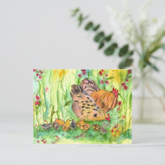 Kippenhoen Familie Vogel Waterverf Schilderij Briefkaart (Staand voorkant)