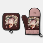 Kippenhoen in bloemen bordeaux roze ovenwant & pannenlap set (Voorkant)