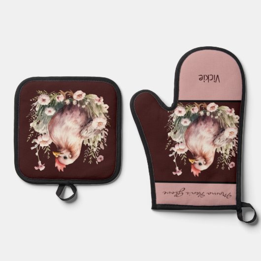 Kippenhoen in bloemen bordeaux roze ovenwant & pannenlap set (Voorkant)