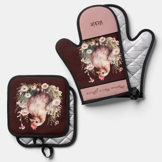 Kippenhoen in bloemen bordeaux roze ovenwant & pannenlap set (Voorkant / Achterkant)