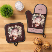 Kippenhoen in bloemen bordeaux roze ovenwant & pannenlap set (Top down)