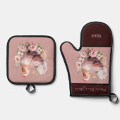 Kippenhoen in bloemen bordeaux roze ovenwant & pannenlap set (Voorkant)