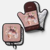 Kippenhoen in bloemen bordeaux roze ovenwant & pannenlap set (Voorkant / Achterkant)