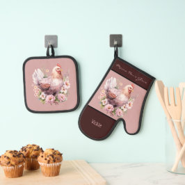 Kippenhoen in bloemen bordeaux roze ovenwant & pannenlap set