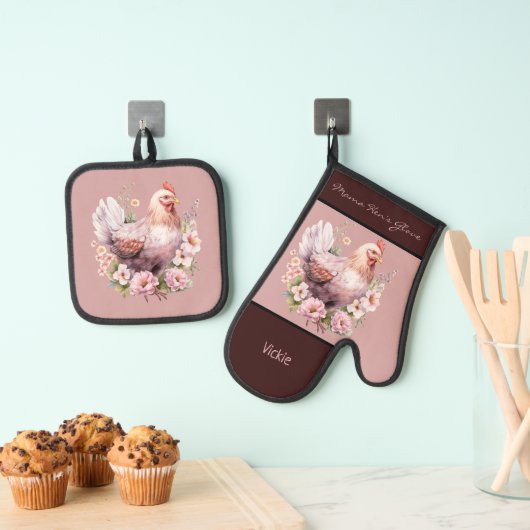 Kippenhoen in bloemen bordeaux roze ovenwant & pannenlap set (Insitu(Ophanging))