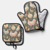 Kippenpatroon Ovenwant & Pannenlap Set (Voorkant / Achterkant)