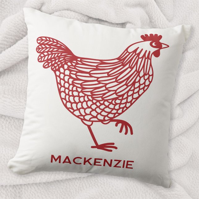 Kippenpluimvee gepersonaliseerde rood en wit kussen (Personalized name red chicken hen poultry farmhouse throw pillow)