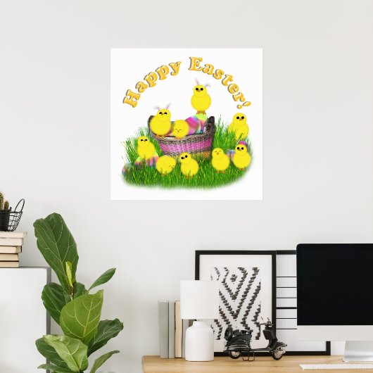 Kip's in een paasmandje (gele tekst) poster (Thuiskantoor)