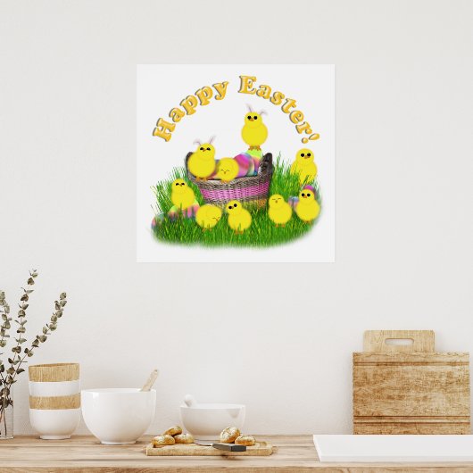 Kip's in een paasmandje (gele tekst) poster (Keuken)