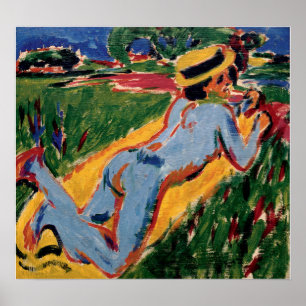 Kirchner - Ligger blauwe figuur met strohoed Poster