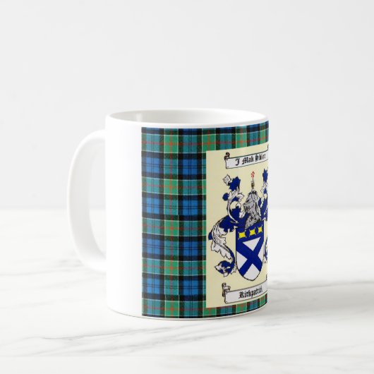 Kirkpatrick Crest over Ancient Colquhoun Tartan Koffiemok (Voorkant links)