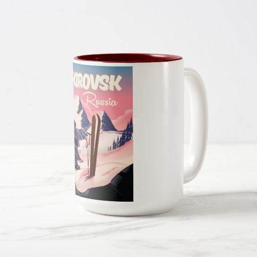 Kirovsk Russia skiposter Tweekleurige Koffiemok (Voorkant rechts)