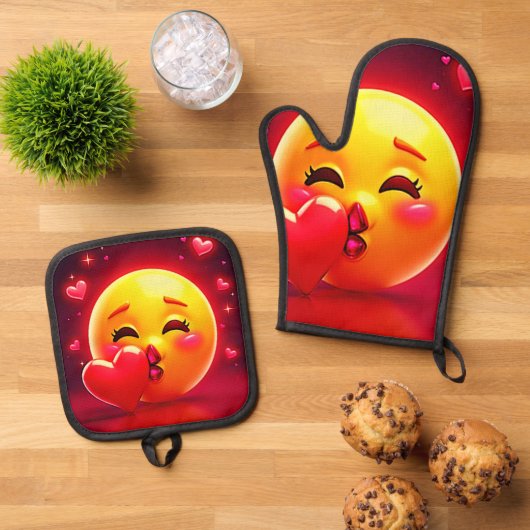 Kiss Emoji: Love and Hearts Art Ovenwant & Pannenlap Set (Top down)