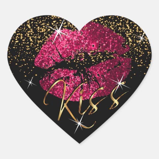 Kiss Hot Pink en Gold Glitter Lips Hart Sticker (Voorkant)
