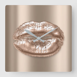 Kiss Lips Beige Bronze Roos Metal Makeup Artist Vierkante Klok