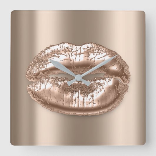 Kiss Lips Beige Bronze Roos Metal Makeup Artist Vierkante Klok (Voorkant)