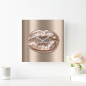 Kiss Lips Beige Bronze Roos Metal Makeup Artist Vierkante Klok (Huis)