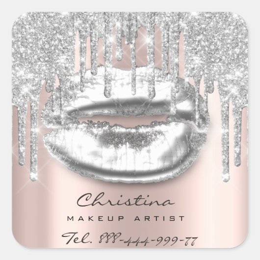 Kiss Lips Makeup Artist Glitter steekt licht grijs Vierkante Sticker (Voorkant)