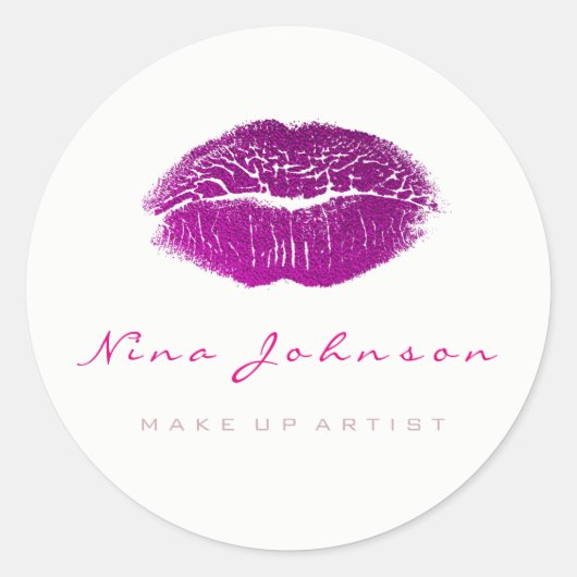 Kiss Lips Makeup Beauty White Fuchsia Roze Ronde Sticker (Voorkant)