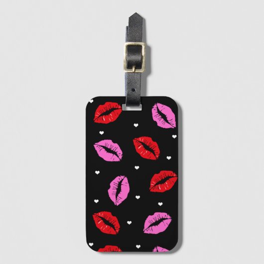 Kiss Lips Roze en Rood, Hearts Bagagelabel BLK (Voorkant (verticaal))