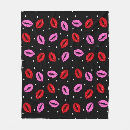 Kiss Lips Roze Rood en Harten Vleekbank BLK Fleece Deken (Voorkant)