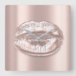 Kiss Lips roze Rose Blush Metal Makeup Artist Vierkante Klok