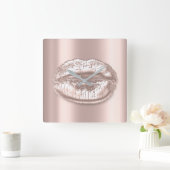 Kiss Lips roze Rose Blush Metal Makeup Artist Vierkante Klok (Huis)